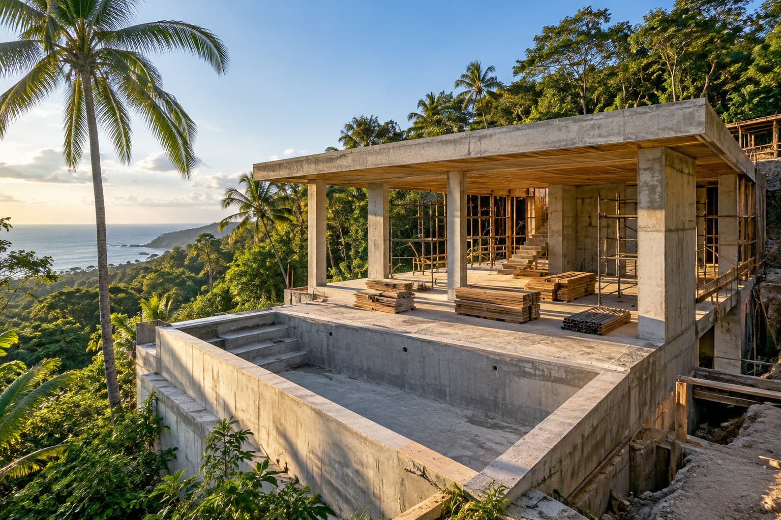 Modern tropical house under construction on a jungle hillside