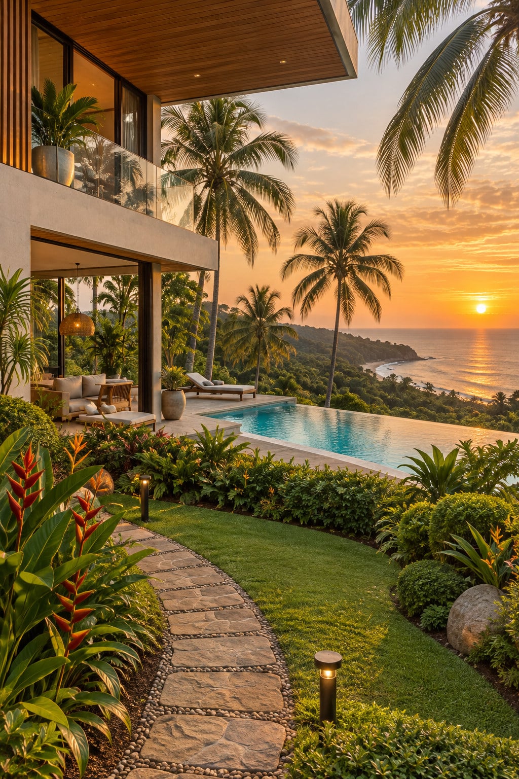 Modern tropical villa with a manicured garden and infinity pool at sunset in Santa Teresa, Costa Rica