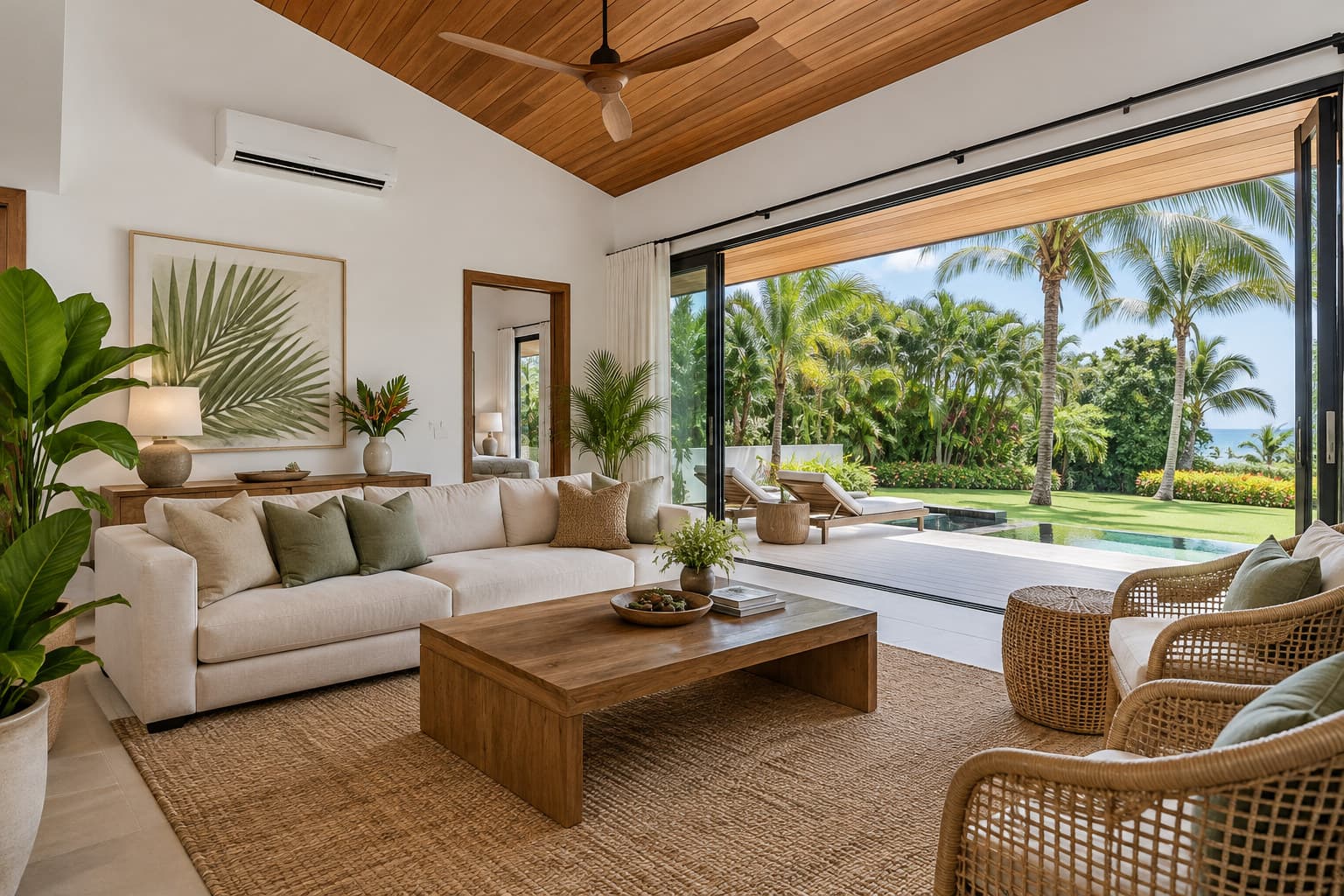 Bright living room with ceiling fan and mini-split A/C, open to the garden